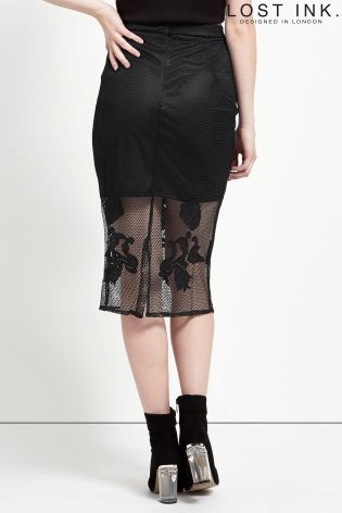 Lost Ink Mesh Applique Pencil Skirt